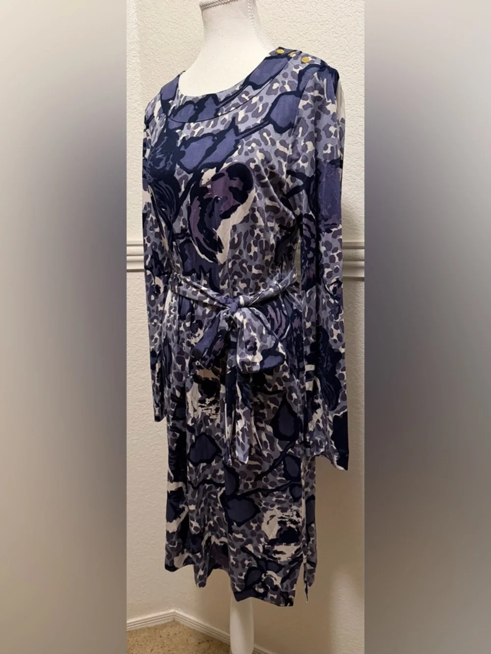 Tory Burch Cory Blue Floral & Animal Print Tie-Waist Silk Dress